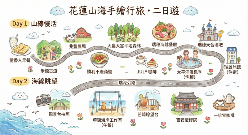 花蓮兩天一夜行程懶人包｜從縱谷玩到海線！串連瑞穗溫泉、大農大富與海景咖啡的療癒自駕遊